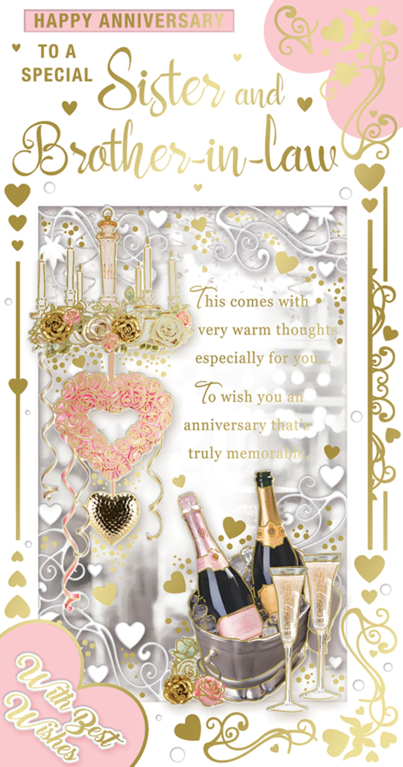 Sister & Brother-in-Law Anniversary Card - Champagne and Hearts with Foil 9x4.75