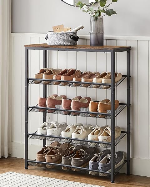 VASAGLE SHOE RACK FOR ENTRYWAY, 5-TIER SHOE RACK ORGANIZER WITH STORAGE SHELVES AND SPACIOUS TOP, FREESTANDING, ADJUSTABLE, INDUSTRIAL, RUSTIC BROWN AND INK BLACK ULBS038B01