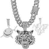 Tosnyr Hip-Hop Cuban Link Chain for Men and Women - 19.68 Inch Gold or Silver Electroplated Necklace with Tiger, Shark,Never give up,Miami Ice Out Diamond Cuban Link chain