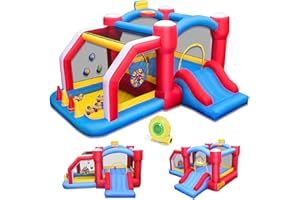 RETRO JUMP Inflatable Bounce House,6 in 1 Bouncy Castle for Children with Large Bouncy Area,Kids Bouncy Castle with Slide-Carry Bag,Repair Patch,Stakes,Eletric Air Pump Included