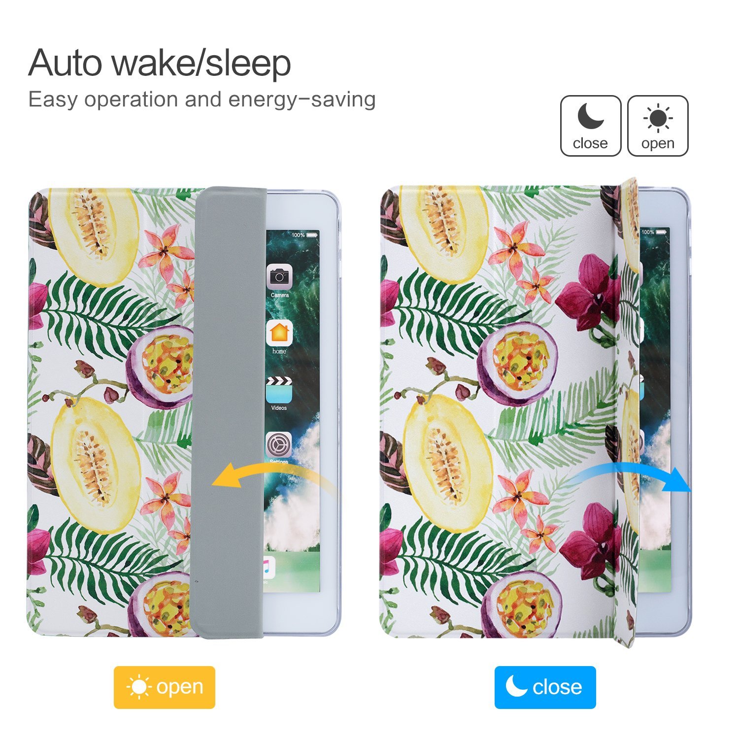 New iPad 9.7 Case 2018/2017, Dopup Premium Leather Case with Translucent Hard Back, Multiple Viewing Angles Stand, Tri-fold Cover Case for Apple ipad 9.7 2018/2017 (Tropical Fruit)