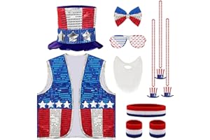 BOARDFEB 11 Pcs 4th of July Costume Patriotic Costume Accessories Set, American Patriotic Hat American Flag Headband Wristbands Vest Usa Sunglasses Necklaces Bow Ties Beard for Independence Day