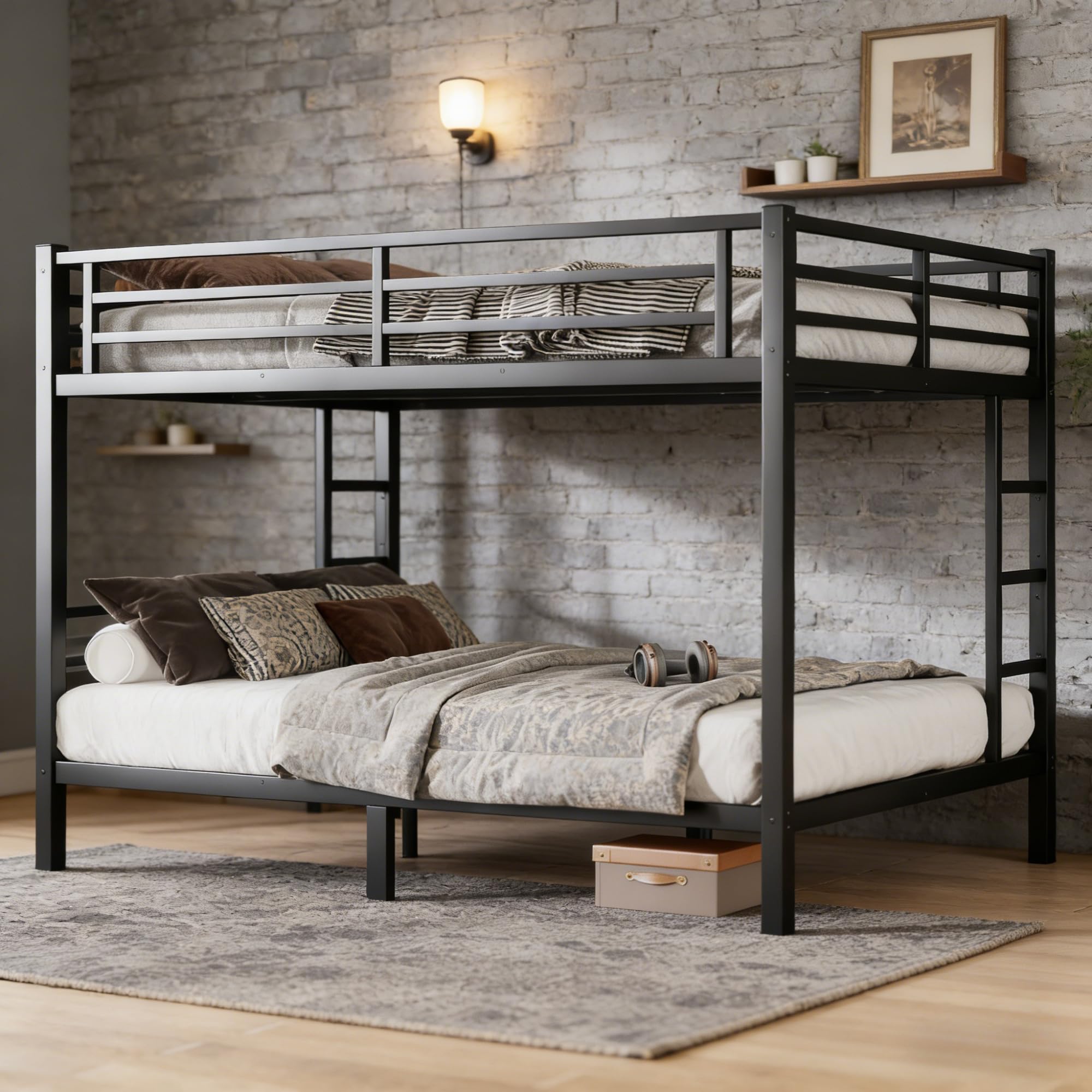 Photo 1 of Bellemave Queen Over Queen Bunk Bed with Ladders, Metal Bunk Beds Frame with Full-Length Guardrails, Heavy-Duty Bunkbed for Bedroom, Guest Room, Dorms, Noise-Reduce and No Spring Box Needed, Black