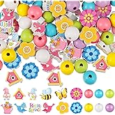 Misdary 200pcs Wooden Spring Craft Beads, Flower Colored Round & Special Shaped Beads for Jewelry Making, DIY Party Tree Hanging, Home Decor