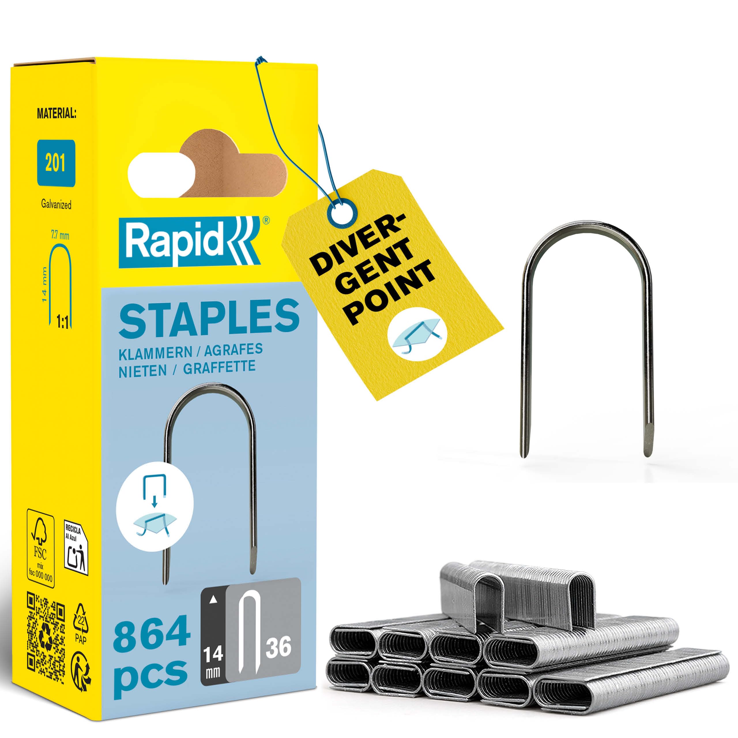 Rapid High-Performance Rounded Crown Staples for Low-Voltage 6mm Cables, Flatwire No. 36, Leg Length 14mm, Staple Gun Staples, Galvanised steel, 864 Pieces, Narrow Blister (40109627)