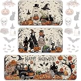 Sonwyoung Halloween Kitchen Rugs Set of 3,Vintage Ghost Non Slip Floor Mats | 17 x 29 + 17 x 47,Waterproof Anti-fatigue Runner Rug, Pumpkin Skeleton Runner Rug for Kitchen Office Bathroom Halloween Decor