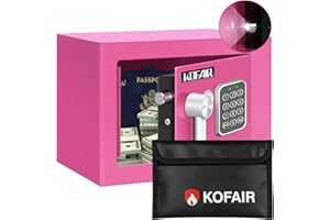 KOFAIR Safe Box for Home Safe (0.23 Cubic Feet) with Fireproof Bag, Personal for Money Safe for Cash Saving, Mini Safety with Key, Digital Safety with Light, Money Lock Box (Pink)