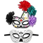 Arrowbash 2 Pcs Day of the Dead Mask Couple Masquerade Set | Día De Los Muertos Half-skull Eye-mask, Day of the Dead Masquerade Favor, Halloween Themed Parties Costume Accessories