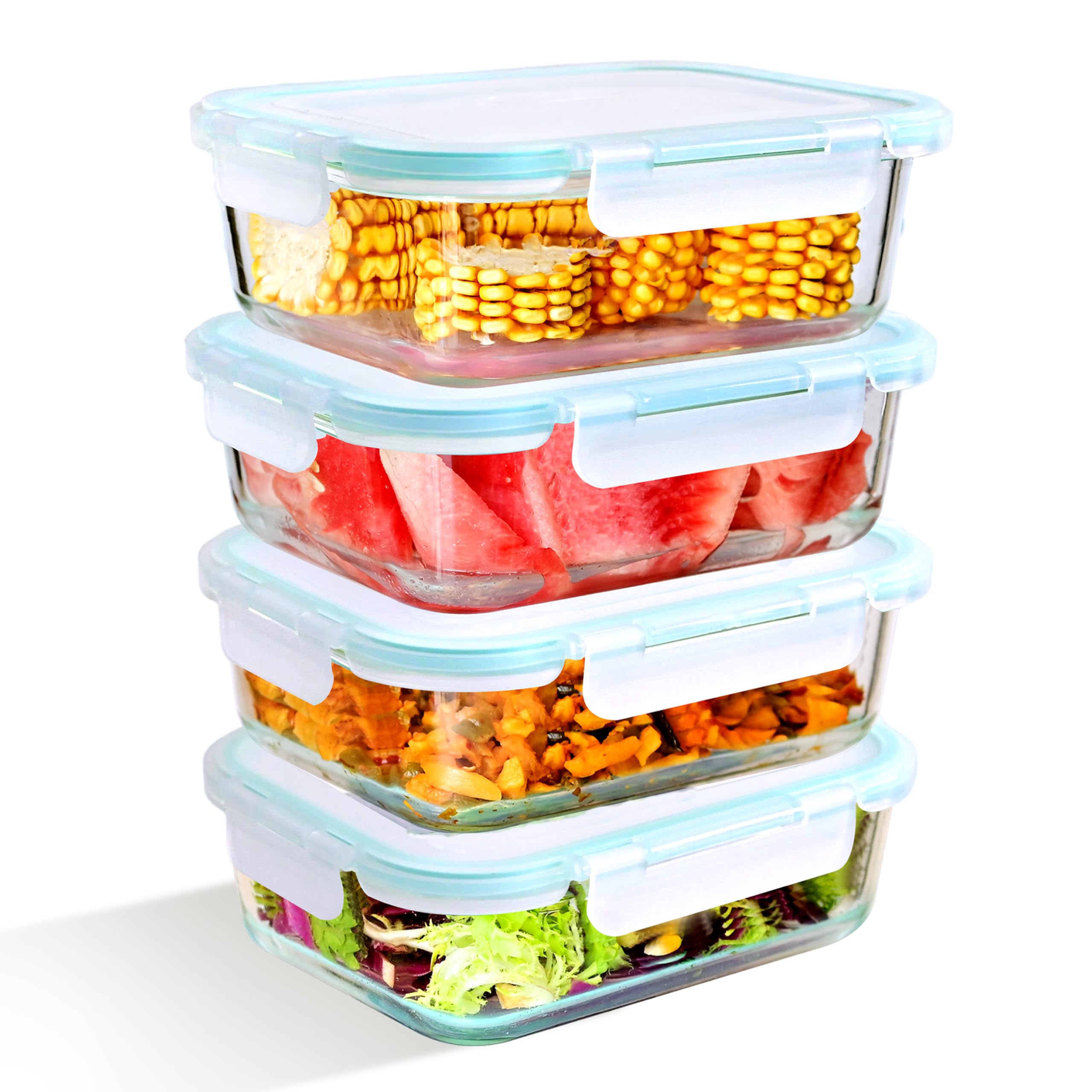 LNWSN Büro Lunchbox Glas Set Erwachsene – 4x1040ML Großvolumen 1040ml Einzeln mit Blauem Deckel | Glasbehälter Mit Deckelmikrowellengeschirr (BPA-Frei)
