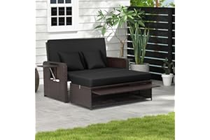 LDAILY Moccha Outdoor Daybed, Wicker Loveseat Sofa Set with 4-Postion Adjustable Backrest, Storage Ottoman, Cushions, Rattan Double Bed Lounger, Patio Furniture Set (Black)