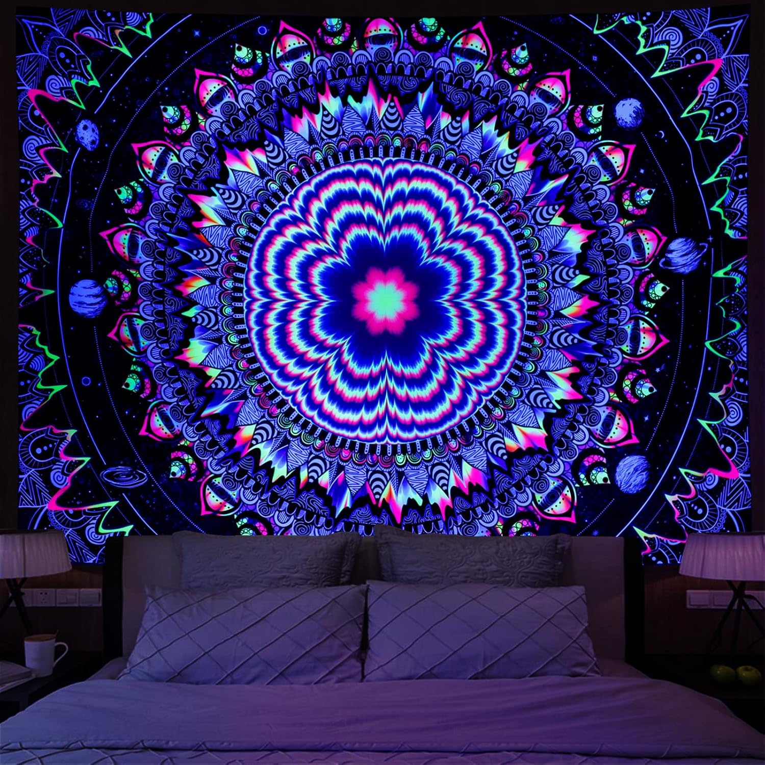 Tapestries - Amonercvita Blacklight Tapestry Trippy Mandala Tapestry UV Reactive Galaxy Stars Tapestry Psychedelic Neon Tapestry Wall Hanging Hippie Black Light Poster for Living Room