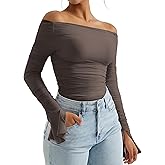 OMKAGI Women Long Sleeve Tops Boat Neck Off Shoulder Shirts Fitted Going Out Y2K Crop Top