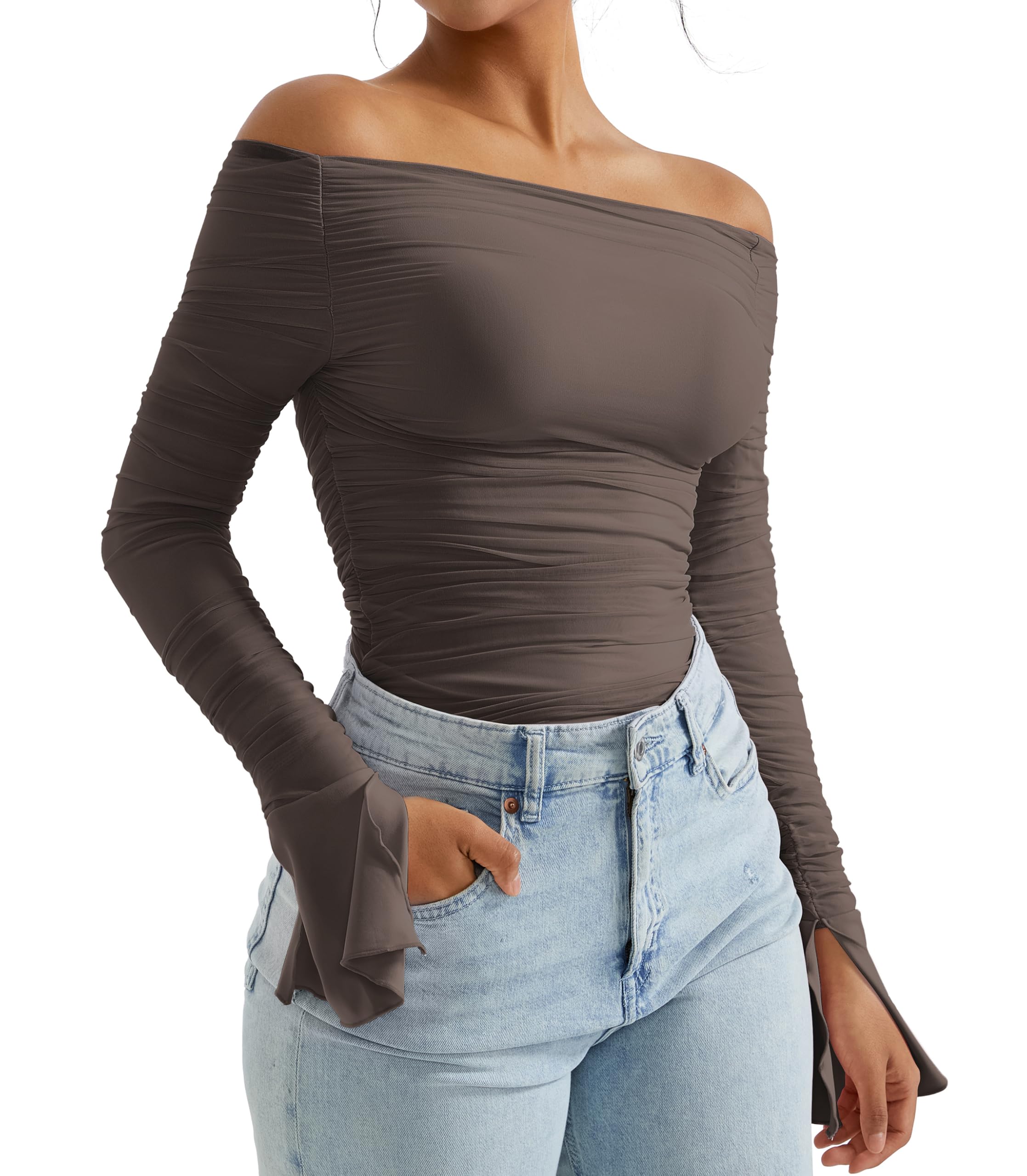 Photo 1 of OMKAGI Women Long Sleeve Tops Boat Neck Off Shoulder Shirts Fitted Going Out Y2K Crop Top(XL,Chocolate-194)