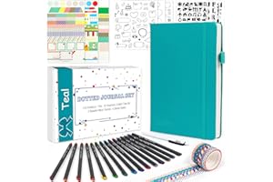 feela Dotted Journal Kit, Dot Grid Journal Hardcover Planner Notebook Set For Beginners Women Girls Note Taking with Journaling Supplies Stencils Stickers Pens Accessories, A5, 224 Pages, Teal