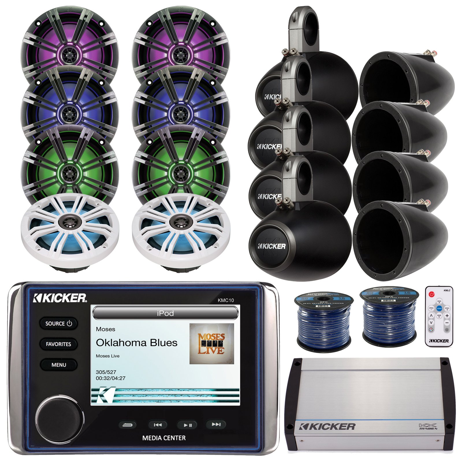 Kicker KMC10 Marine All in One Bluetooth Stereo Receiver Bundle Combo W