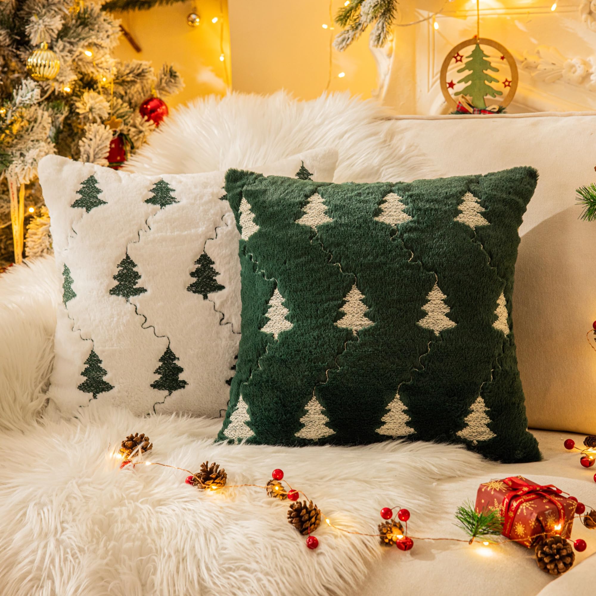 Photo 1 of ** ONE ONLY** AQOTHES Christmas Tree Embroidered Green White Throw Pillows Cover 18x18 Inch, Set of 2 Packs Winter Soft Fluffy Decorative Throw Pillows Covers Decor for Home Sofa Couch Bed Room