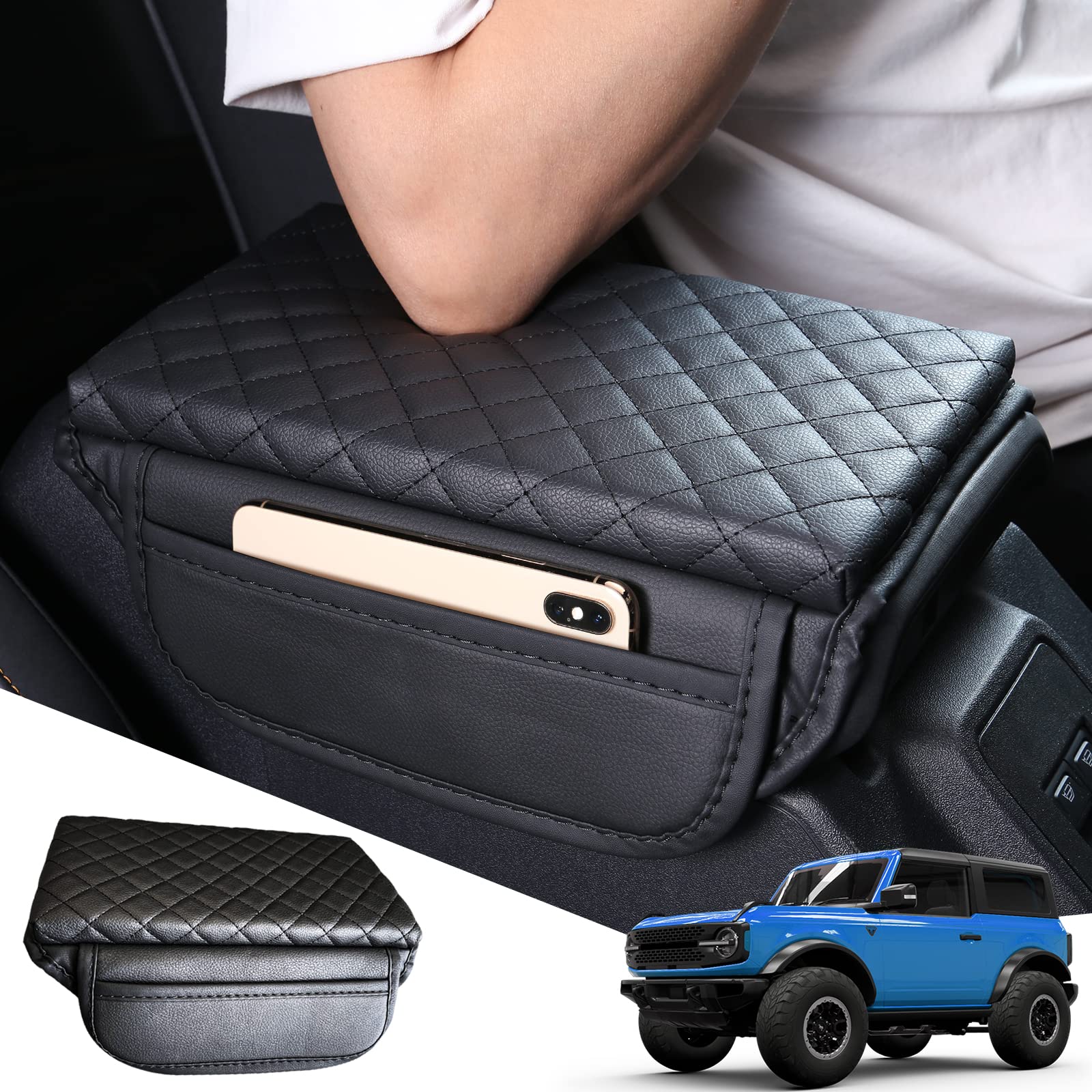 Photo 1 of BEEGROW Center Console Armrest Cover for Ford Bronco Accessories 2021 2022 2023 2024 2025 2/4-Door with Leather Side Pockets Interior Accessories Prevent Scratching