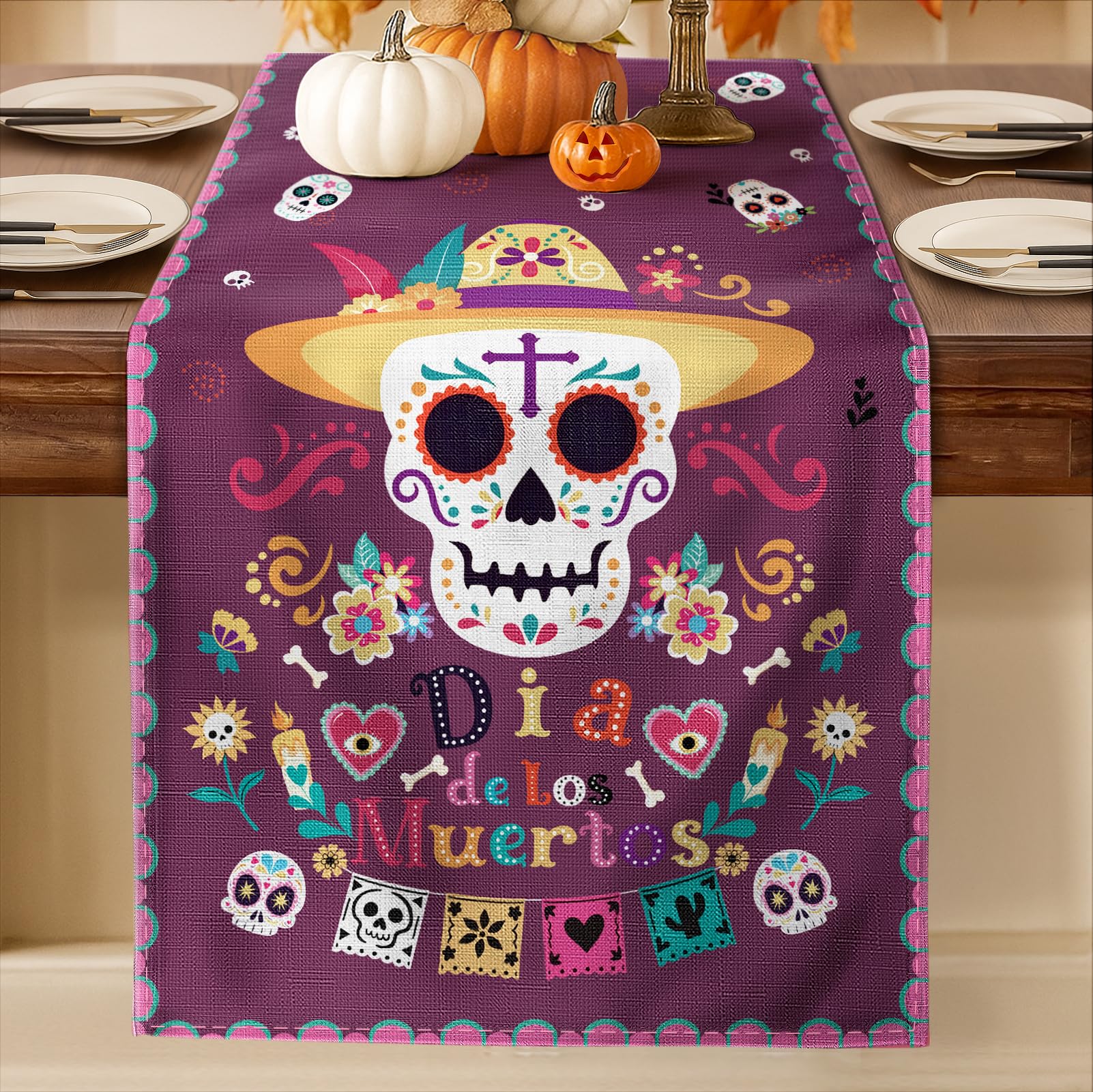 Photo 1 of *2 pack* Miss Adola Día de Los Muertos Table Runner - 13x90 Mexico Day of The Dead Table Runner for Altar, Colorful Mexican Sugar Skull & Marigold for Home Party Dinner Decor, Cinco de Mayo Rustic Decoration