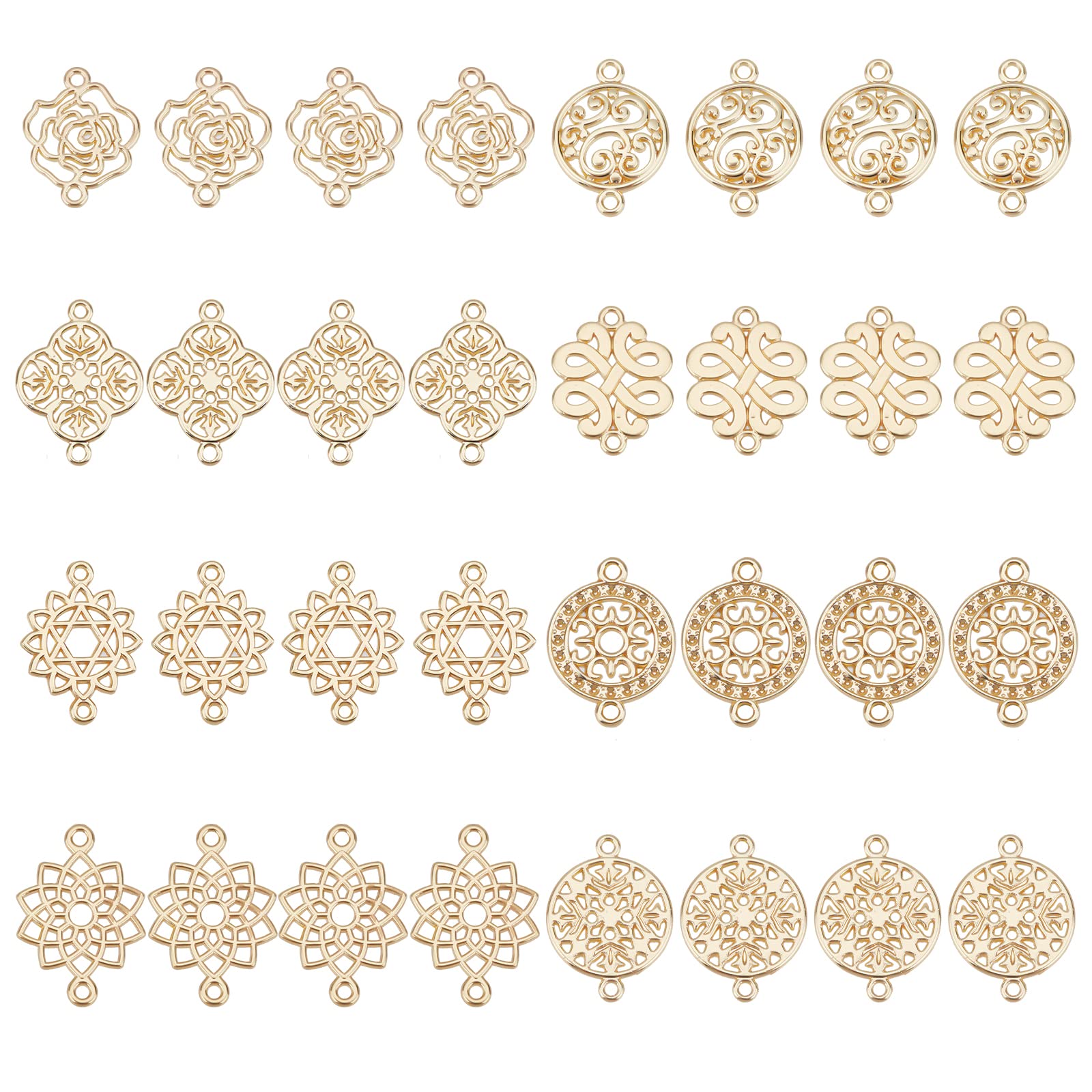 SUPERFINDINGS 32Pcs 8 Styles Baroque Style Links Connectors Gold Double Hole Pendant Connector 17~20.5x13.5~19mm Flower Connector Charms for DIY Jewelry Making hole: 1.2mm
