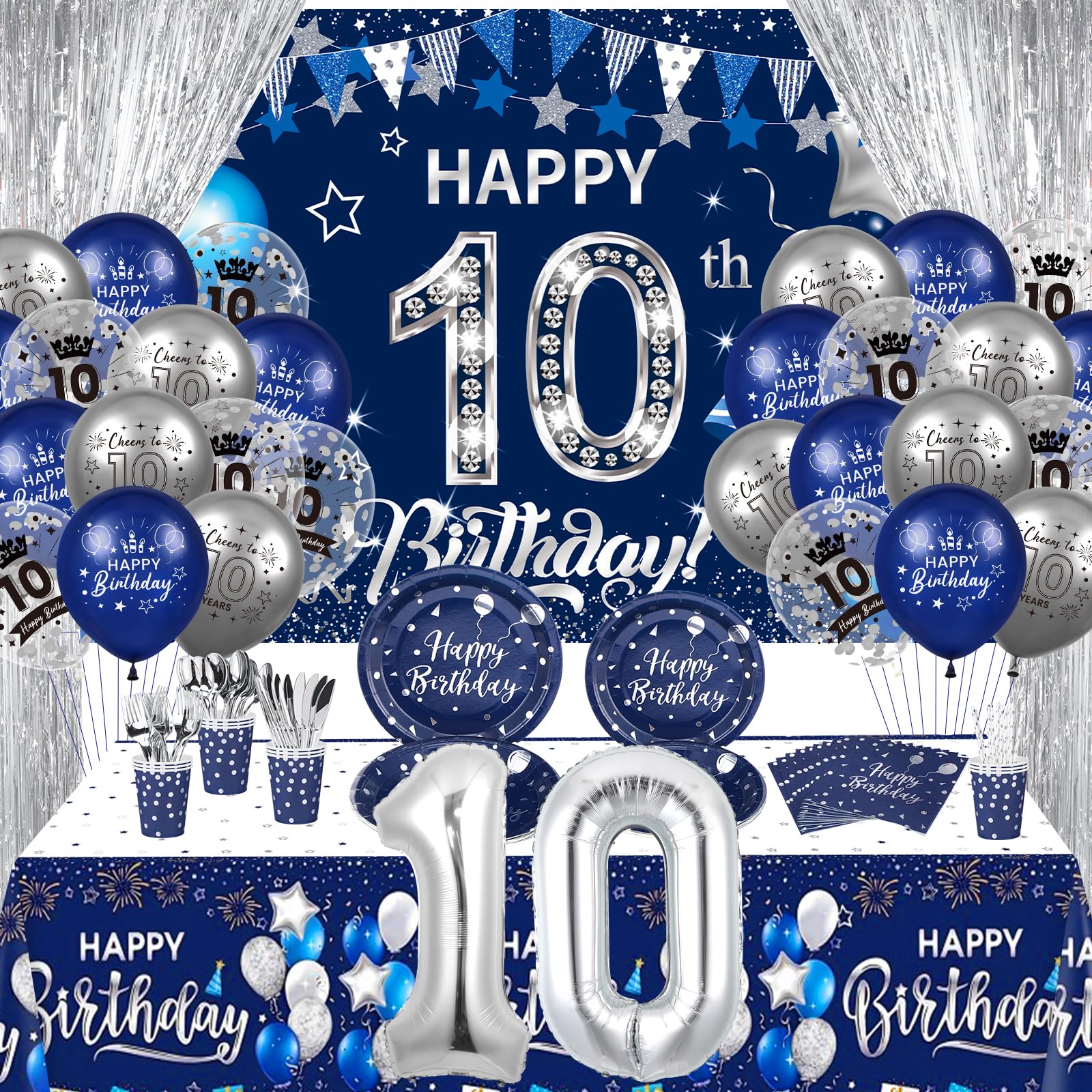 Photo 1 of 10th Birthday Decorations for Boys and Girls, 131 PCS Navy Blue Silver 10th Birthday Party Supplies Includes Blue Happy 10th Birthday Banner Balloons Napkins Cups Tablecloth Plates Foil Backdrops for