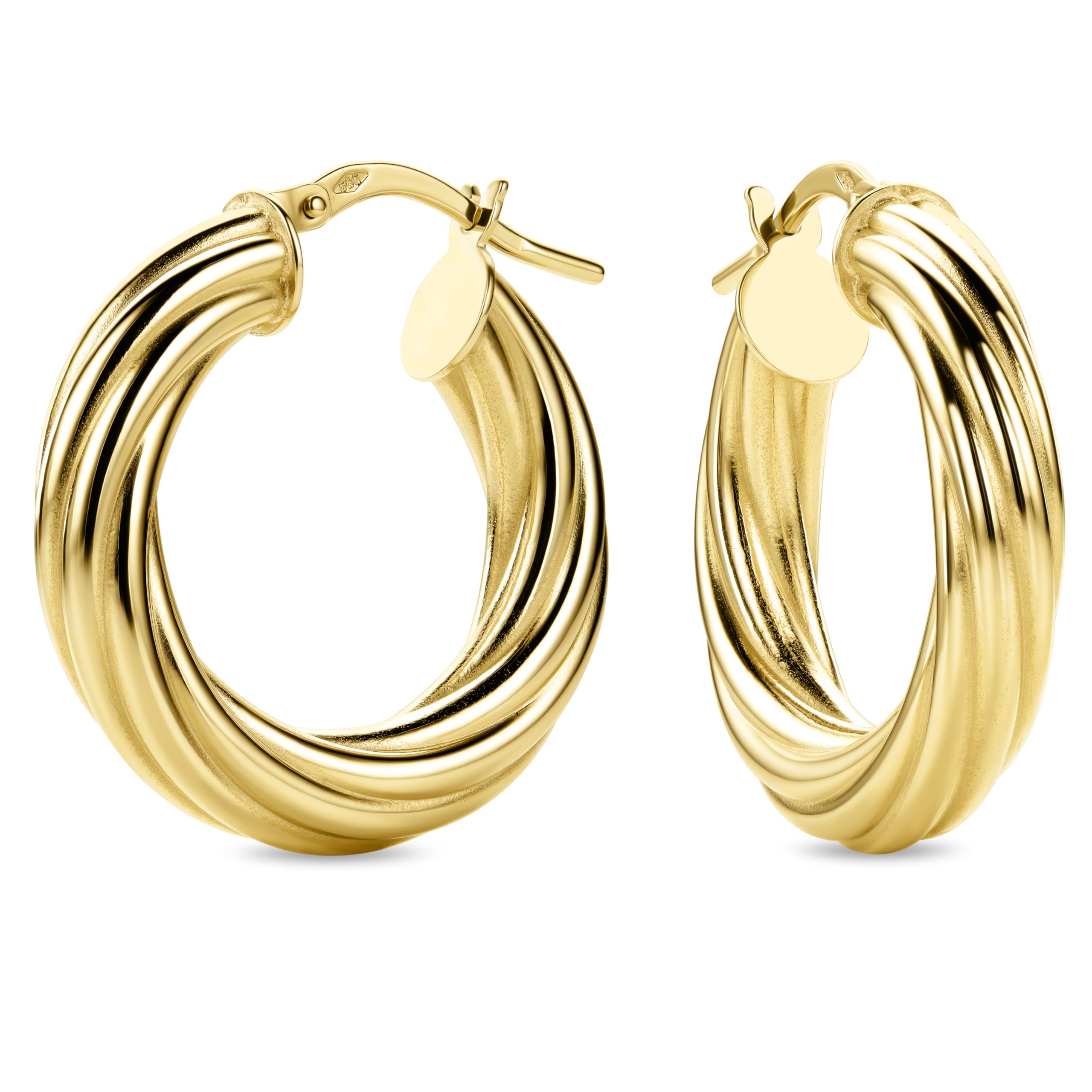 PRG2 14 Carat 585 Gold Twisted High Gloss Hoop Earrings Yellow Gold (4.5 x 23 mm Diameter)