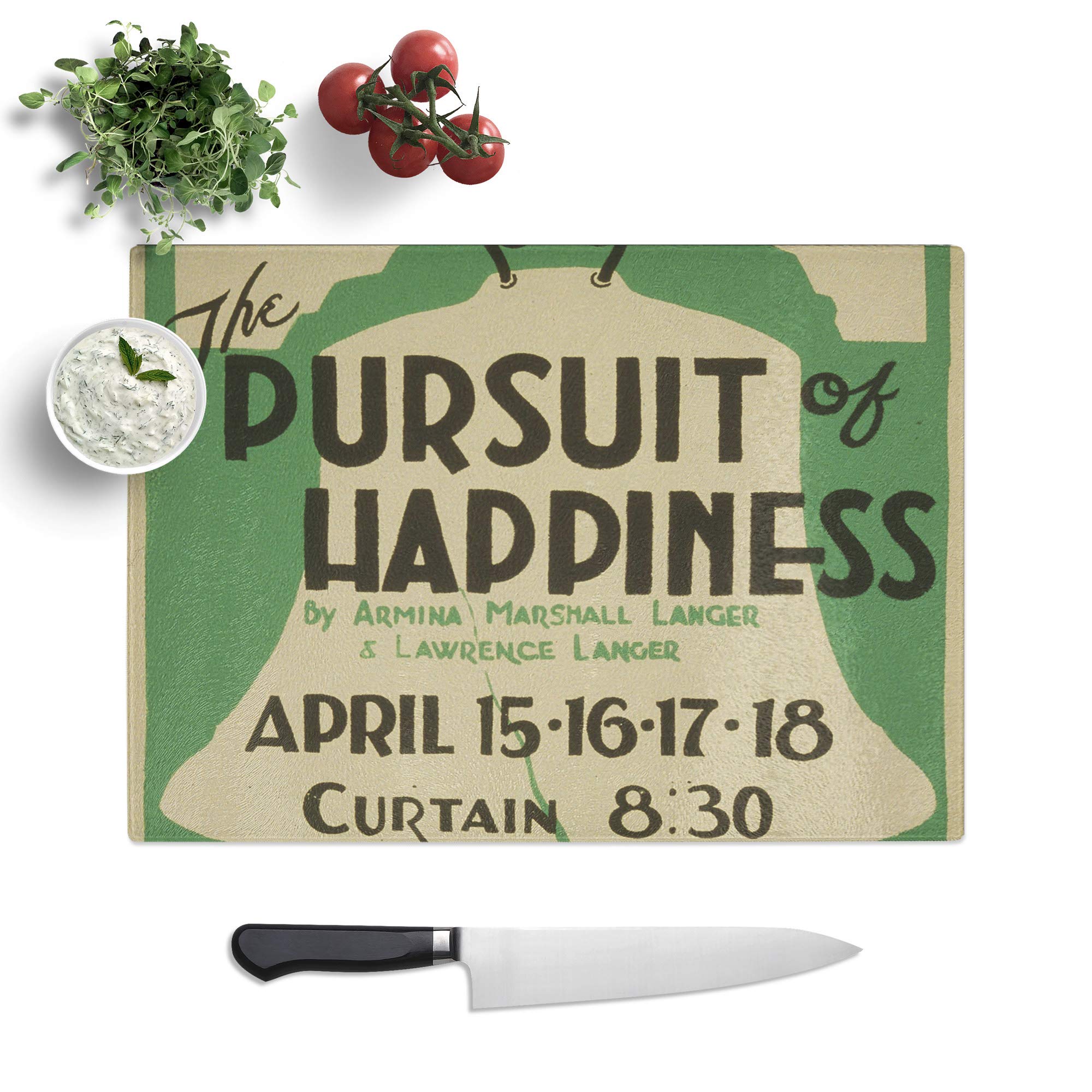 Kitchen Chopping Board Glass - Vintage WPA Poster Pursuit of Happiness - Textured Worktop Saver Cutting Board - Heat Resistant, Shatterproof and Hygenic - 28.5 x 20 cm