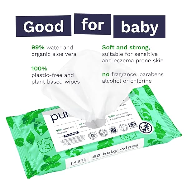 PURA NATURAL SENSITIVE BABY WIPES, 99% WATER, UNSCENTED & HYPOALLERGENIC, SUITABLE FOR SENSITIVE & ECZEMA-PRONE SKIN, FRAGRANCE FREE & HYPOALLERGENIC, EWG VERIFIED, 3 X 60 PER PACK (180 WIPES)