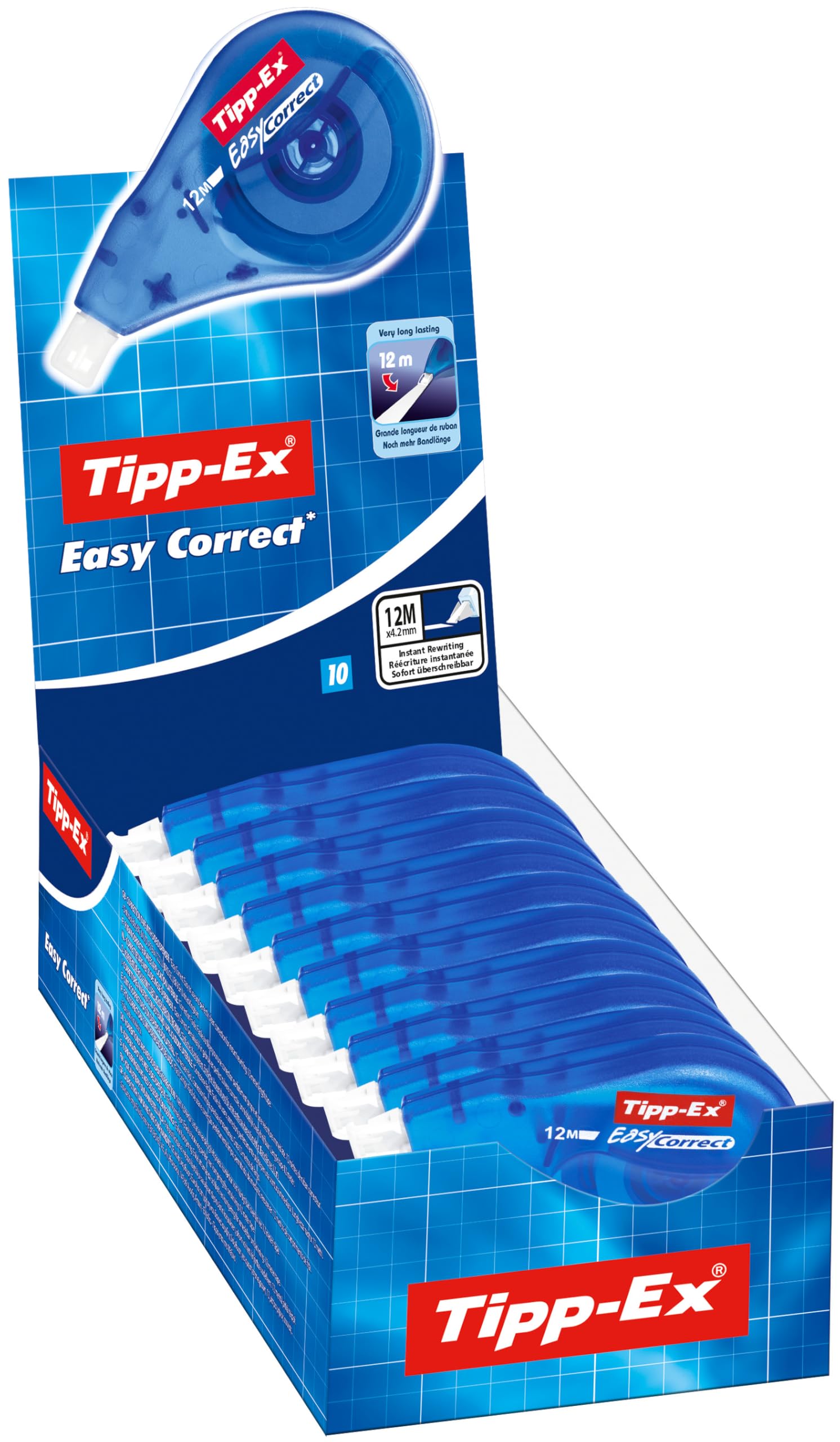 Tipp-Ex Easy Correct Correction Tape - Box of 10 Extra-Long Tear-Resistant Plastic Film- 12 m x 4.2 mm