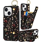 Petitian for iPhone 15 Case with Wallet - Women Girls Cute Girly Aesthetic Unique Design with Leather Credit Card Holder Cardholder Stand Wristband for Apple 15, Grow Flower