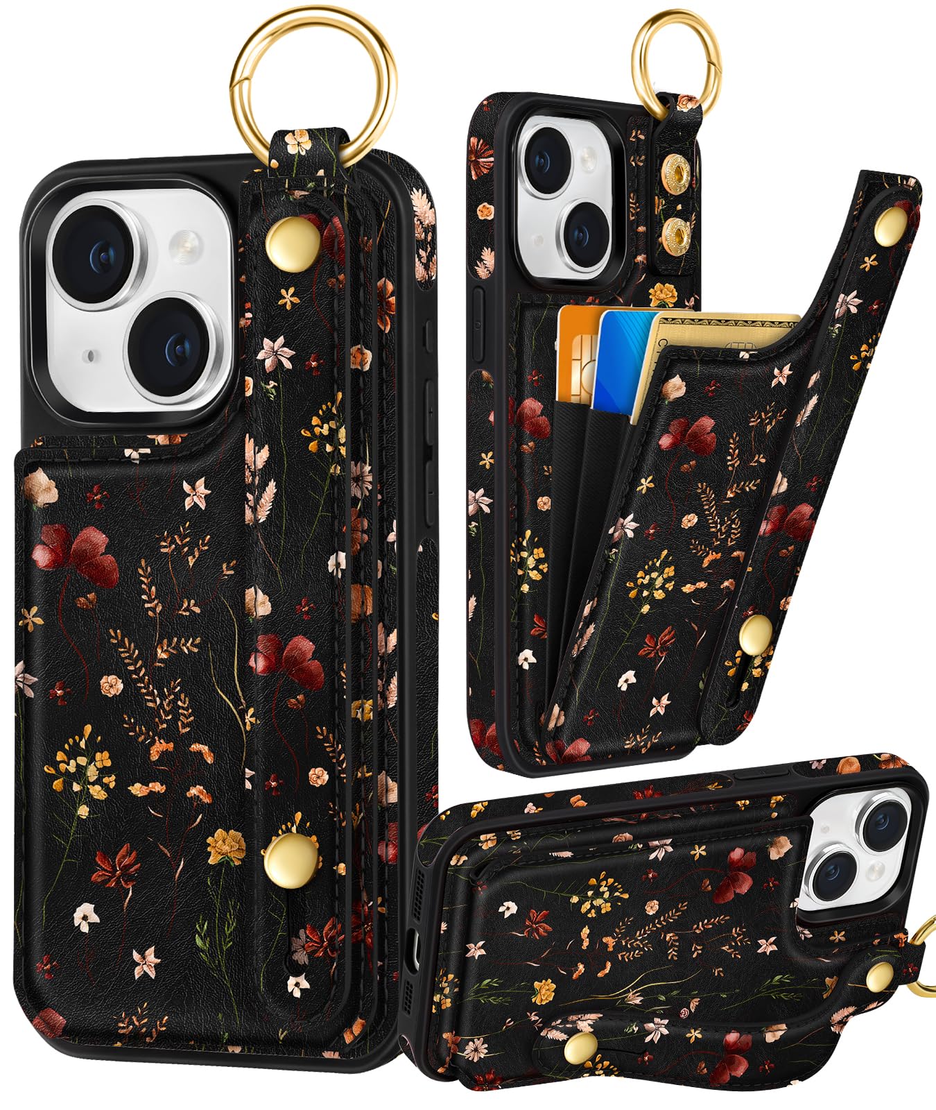 Photo 1 of Petitian for iPhone 15 Case with Wallet - Women Girls Cute Girly Aesthetic Unique Design with Leather Credit Card Holder Cardholder Stand Wristband for Apple 15, Grow Flower