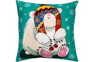 BRVSK Winter Needlepoint Kit for Adults and Beginners — Bear in a Trapper Hat 16″ × 16″ with Clear, Precise Printed Design on Cotton Canvas; Includes 2 Needles, Yarn, and Easy-Read Chart
