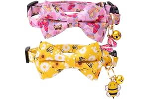 Faygarsle 2 Pack Breakaway Bowtie Cat Collar with Bell for Male Female Cats Soft Fancy Yellow Pink Bee Butterflies Pattern Spring Summer for Boy Girl Cats