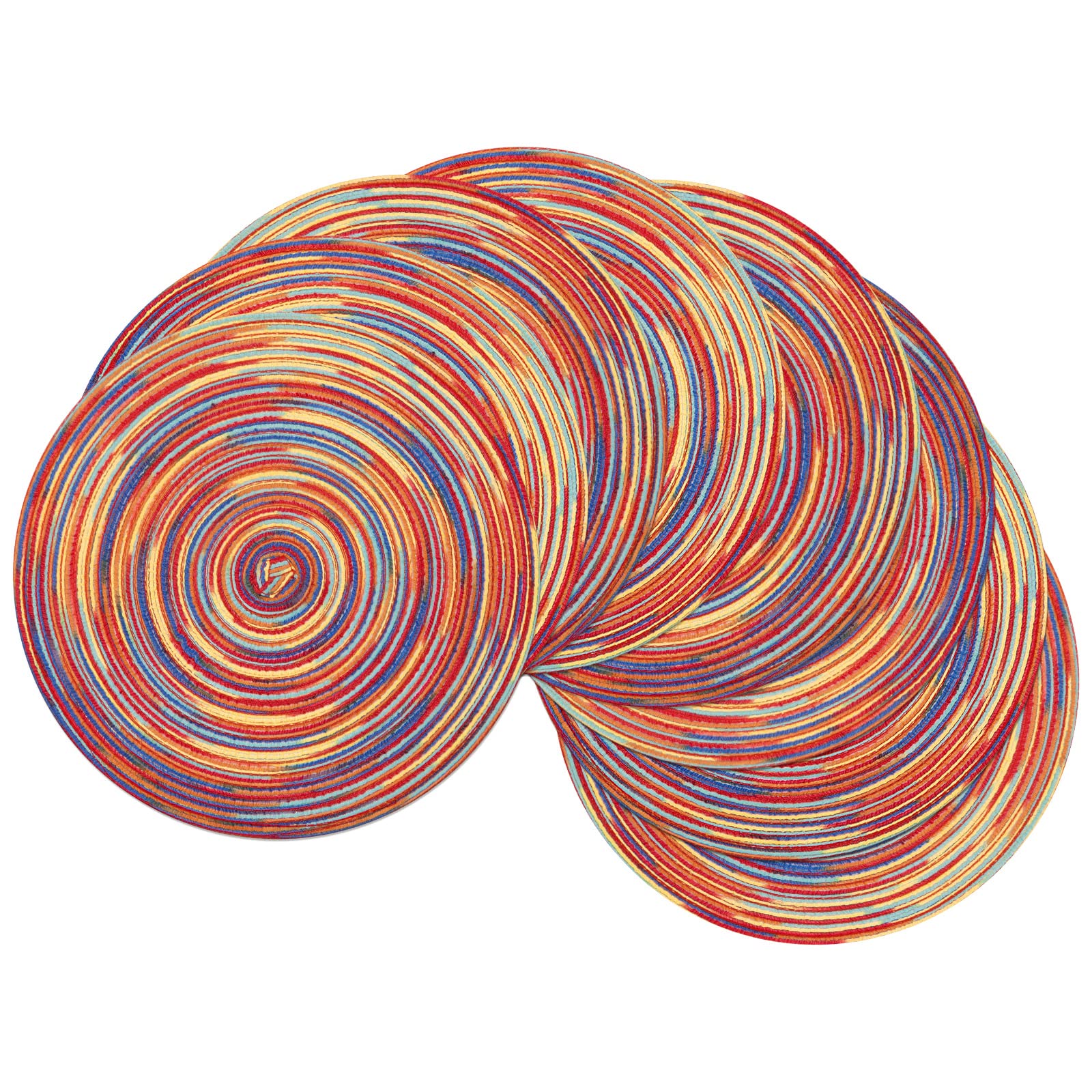 Photo 1 of SHACOS Round Braided Placemats Set of 8 Washable 15 inch Round Table Mats Colorful Variegated Woven Place Mats for Dining Table (Rainbow Red, 8)