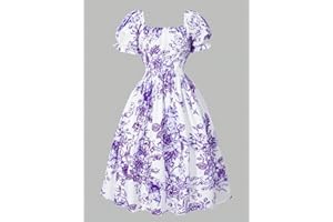 Summer Girl Flower Pattern Printed Bubble Short Sleeved Princess Style Dress with Square Collar Design
