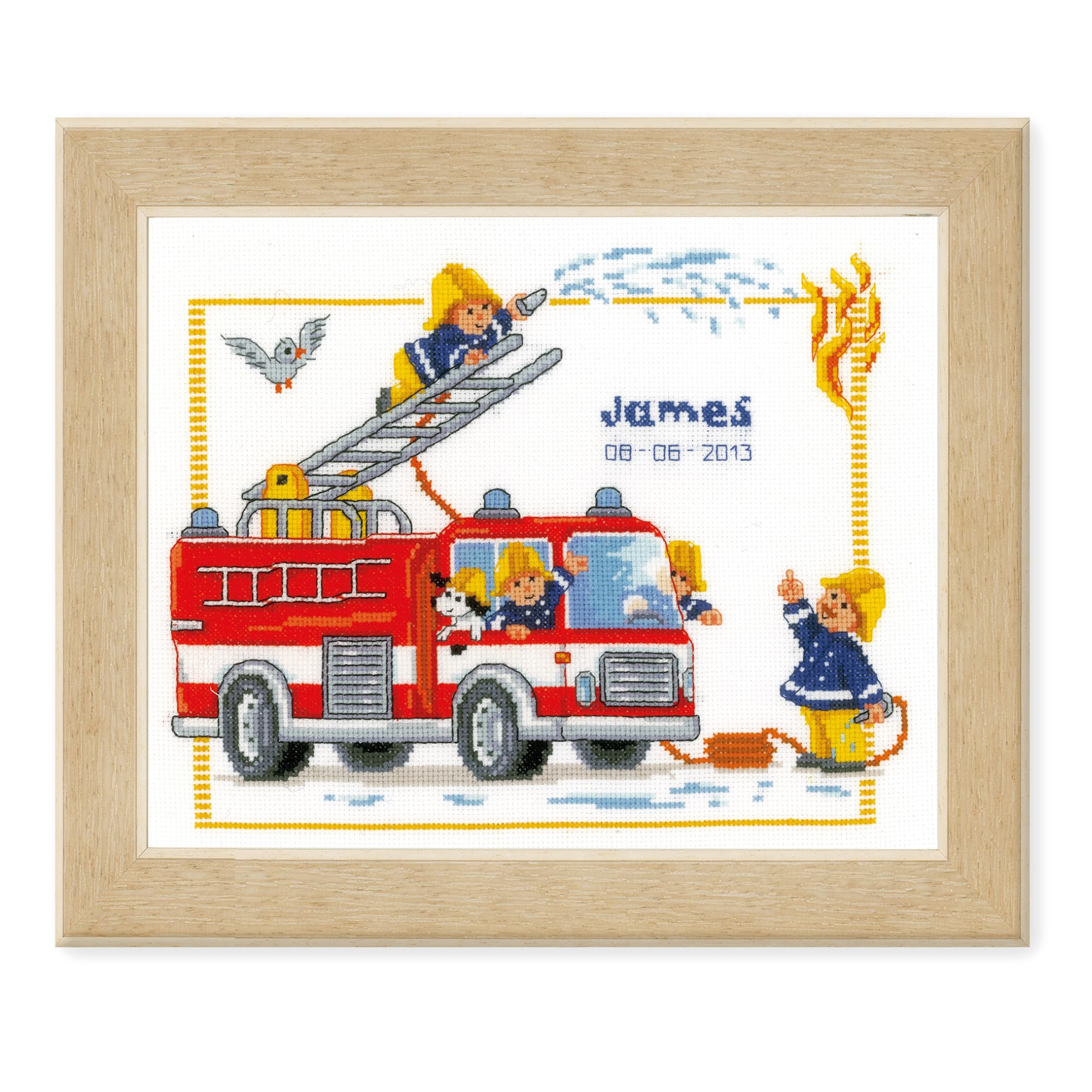 Vervaco Birth Record Fire Engine Counted Cross Stitch Kit, Multi-Colour
