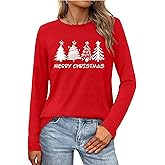 Christmas Tree Shirts for Women Merry and Bright Long Sleeve Shirt Xmas Graphic Vacation Gift Blouse Tee Tops