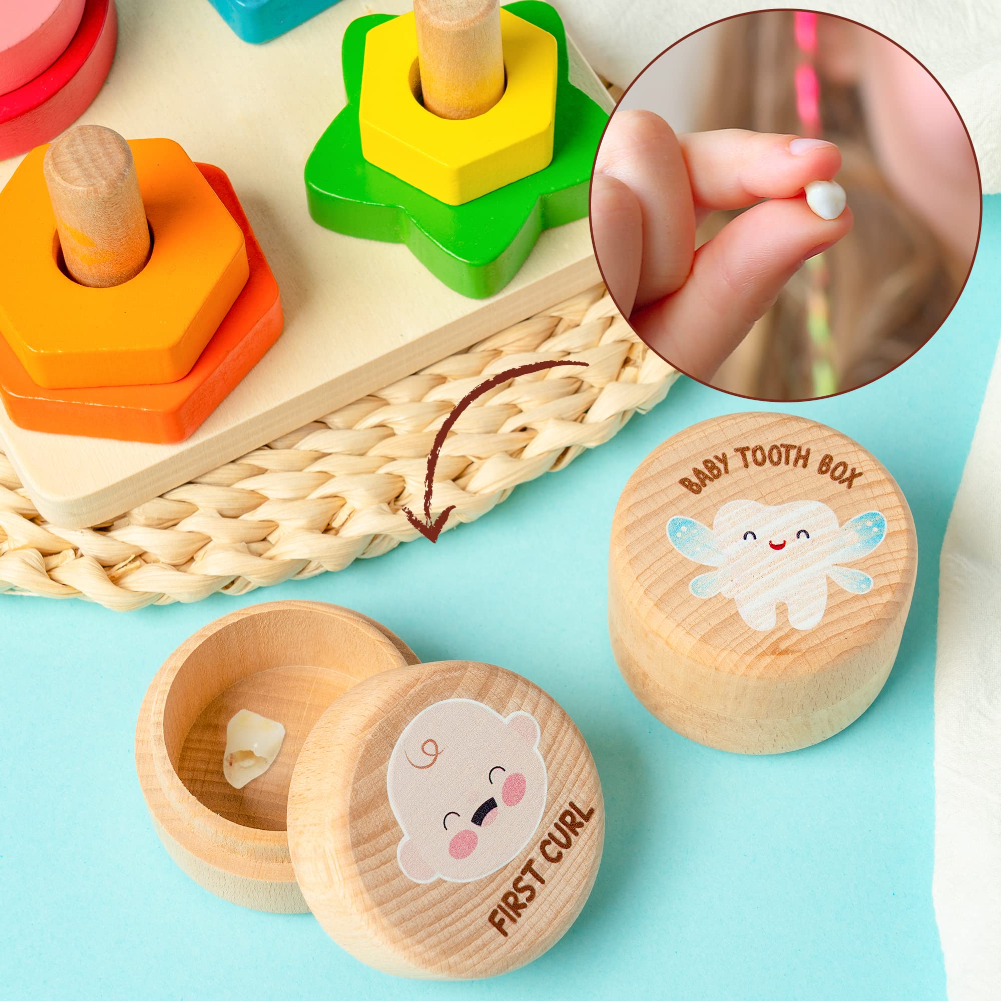 2Pcs Baby Keepsake Box for First Tooth and Curl, Wooden Tooth Fairy Box to Place Under Pillow Cute Haircut Keepsake Holder Baby Toddler Baby Shower Birthday Gift Boy Girl