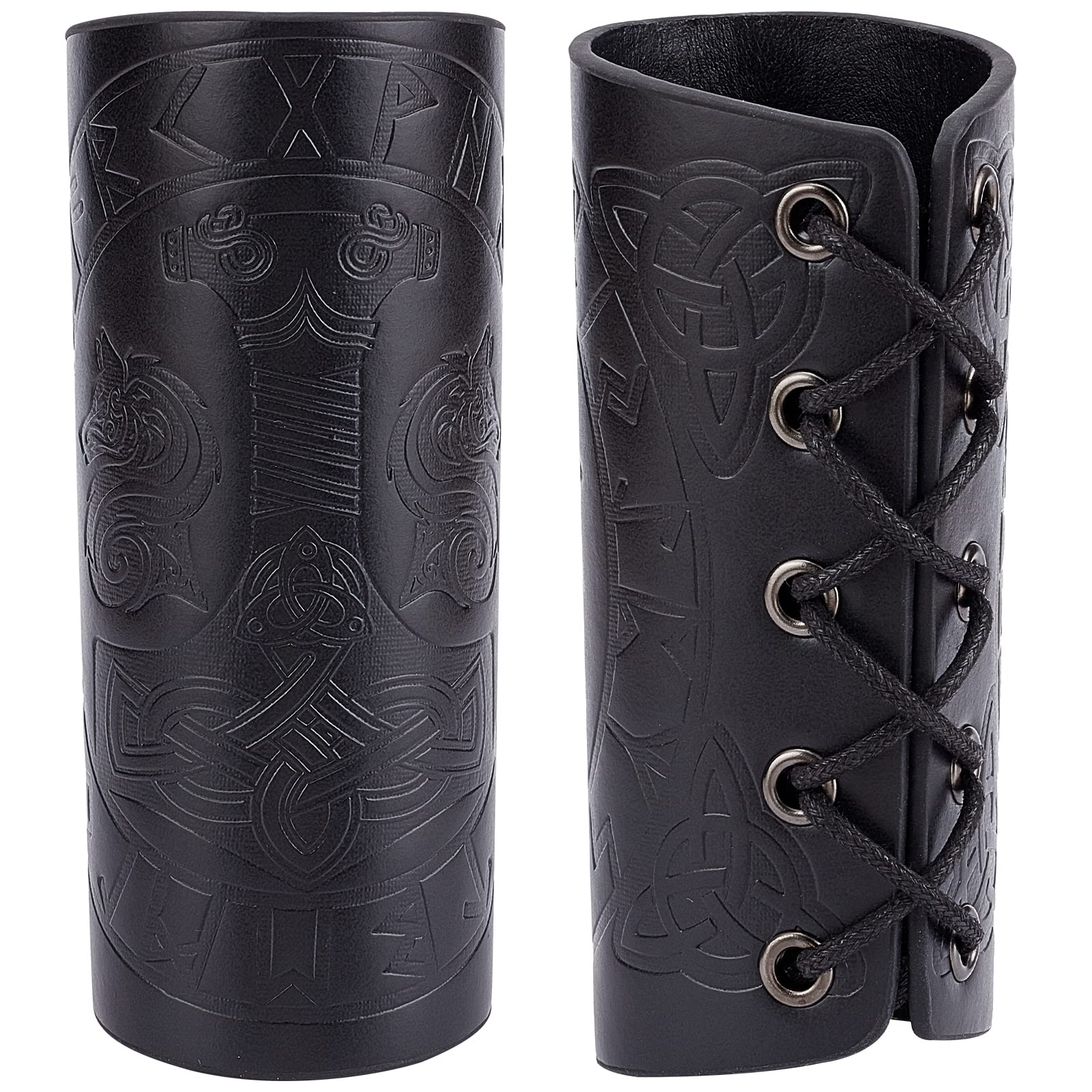 GORGECRAFT 2PCS Leather Gauntlet Wristband Medieval Armor Bracers Hammer Pattern Wrist Band Guards Arm Guard Archery Buckle Bracers Unisex Leather Cuffs Armband for Men Women(Black)
