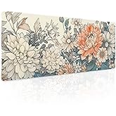 Japanese Aesthetic Floral Gaming Mouse Pad XL Vintage Orange White Flowers Extended Large Mat Mousepad Desk Pad Non-Slip Rubber Base Stitched Edge Long Keyboard Pad for Computer,31.5×11.8 Inch