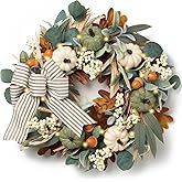 22in Fall Wreaths for Front Door, Large Autumn Door Wreath with Bow Pumpkin Autumn Wreath Decorations, Artificial Leaves Wreaths for Indoor Outdoor Home Porch Thanksgiving Farmhouse
