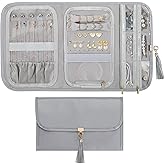 Emibele Travel Jewelry Organizer for Women, Waterproof Portable Leather Jewelry Roll Bag Storage Pouch, Foldable Tangle Free Travel Jewelry Case Holder for Necklace Earrings Bracelet Rings, Gray