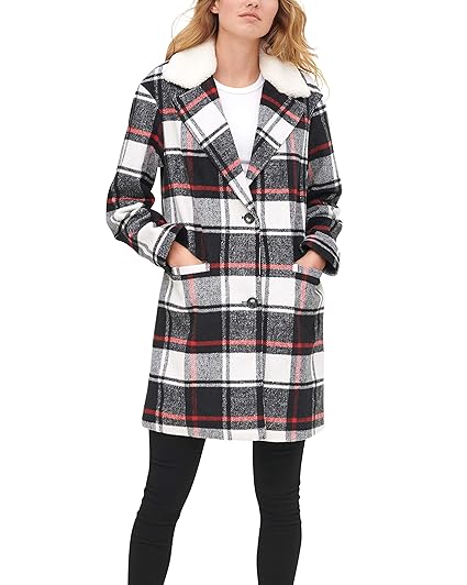 levi's women's wool plaid sherpa collar top coat