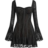 Women's Short Corset Y2k Mini Dress Long Sleeve Low Cut Lace Dress Vintage Solid Floral Party Dresses