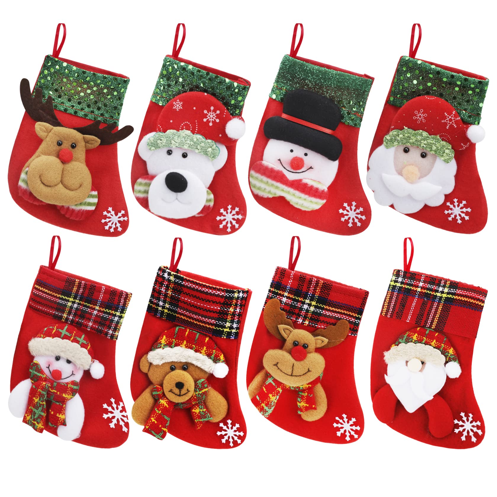 NICEYEA Christmas Stockings Set of 8, Reusable Xmas Hanging Stockings for Fireplace Xmas Tree Decoration Stocking Filler Secret Santa Gift Bag Candy Bag