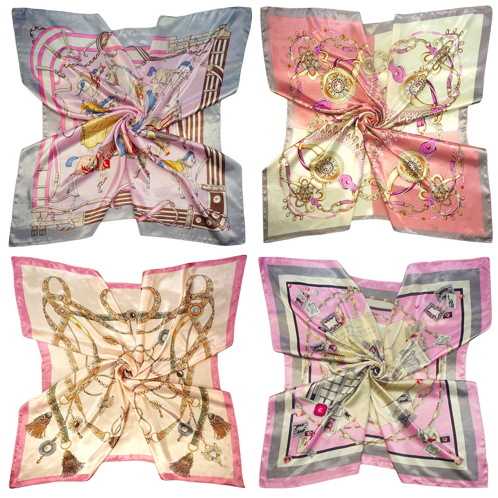 4 Pc Set Large 35 × 35 inches Satin Square Scarves Neck Hair Head Scarf Bundle 4 Pc Set Large 35 × 35 inches Satin Square Scarves Neck Hair Head Scarf Bundle