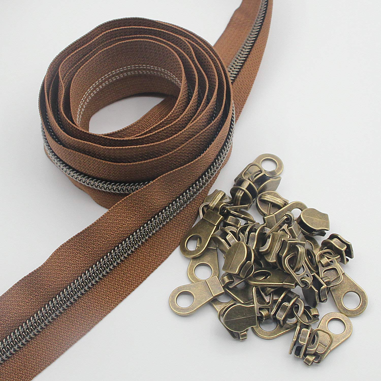 #5 Antique Brass Metallic Nylon Coil Zippers by The Yard Bulk 10 Yards (Brown Tape with 25pcs Brass Sliders for DIY Sewing Tailor Craft Bag Leekayer(Brown)