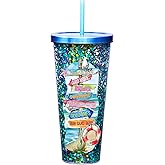 Spoontiques Large Beach Glitter Cup Tumbler with Stainless Steel Lid and Straw - 32oz, 9.25" Tall - Acrylic