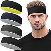 Qearl 4 Pcs Sports Headbands for Men, Non-Slip Moisture Wicking Sweatbands, Breathable Elastic Running Headband for Tennis Fitness Workout