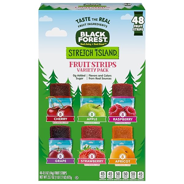BLACK FOREST, STRETCH ISLAND, FRUIT STRIPS, CHERRY, APPLE, RASPBERRY, GRAPE, STRAWBERRY, AND APRICOT, ZERO GRAMS ADDED SUGAR NON-GMO, 48 CT