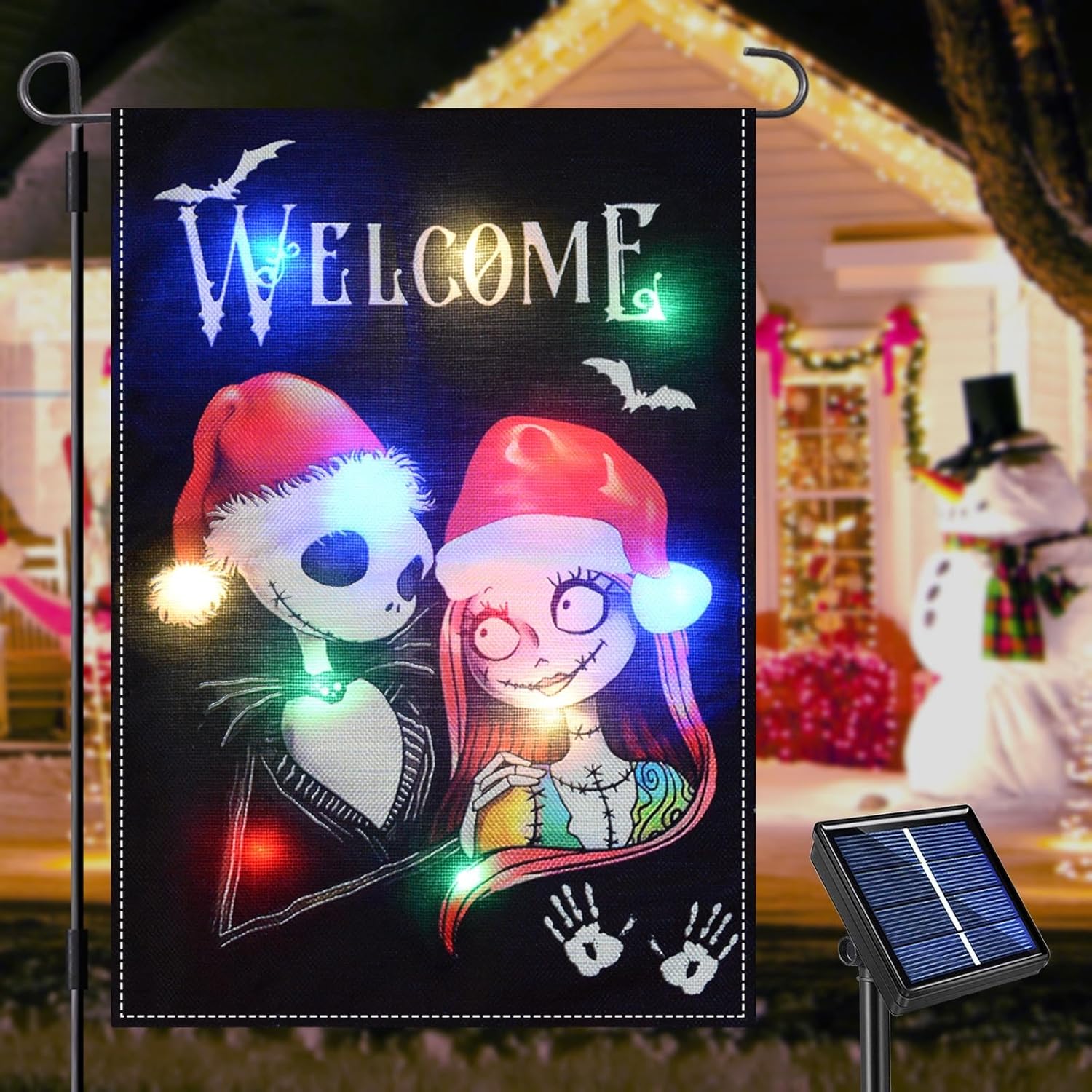 Flags - Dontsri Upgraded Solar LED Lighted Nightmare Before Christmas Halloween Garden Flag, Outdoor Waterproof Double Sided Christmas Garden Flag Outside Decorations Yard Garden Patio Lawn Decor 12 x 18 Inch